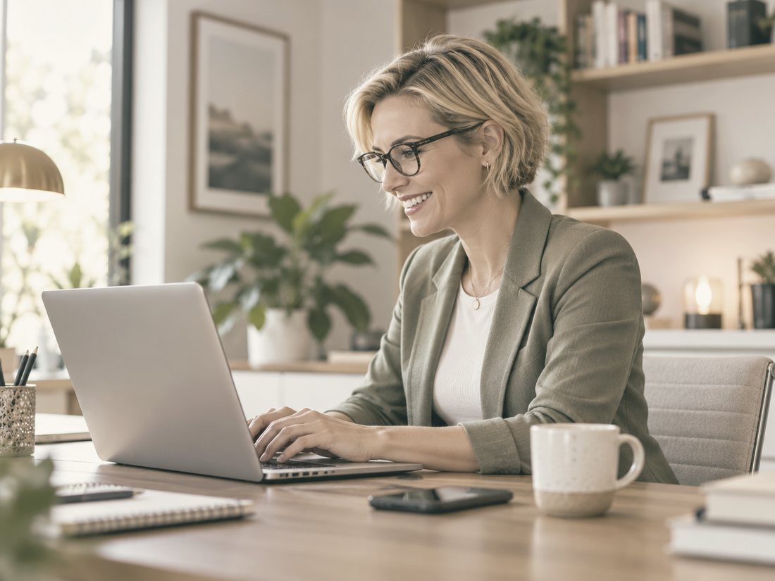 A rep at her desk working from a laptop
