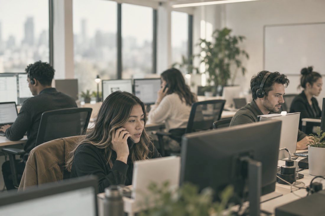 A team of agents on calls in an open office